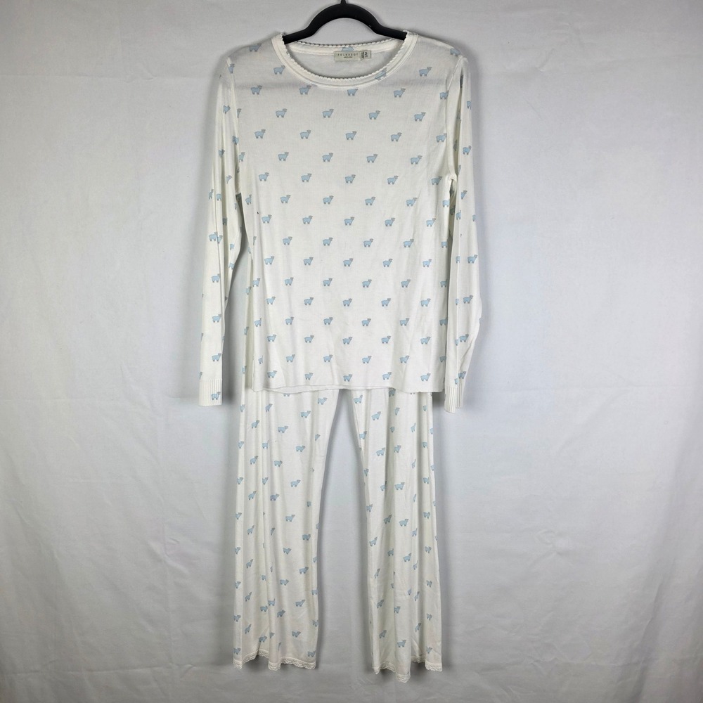 Polkadot England White Blue Sheep Print Ribbed Pajama Set S/M Made in England
